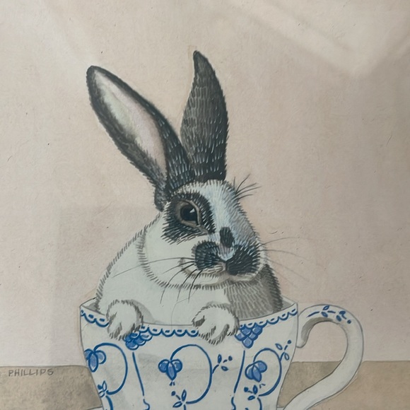 Set of Four Rabbit Teacup Prints in Wooden Frames - Picture 12 of 12